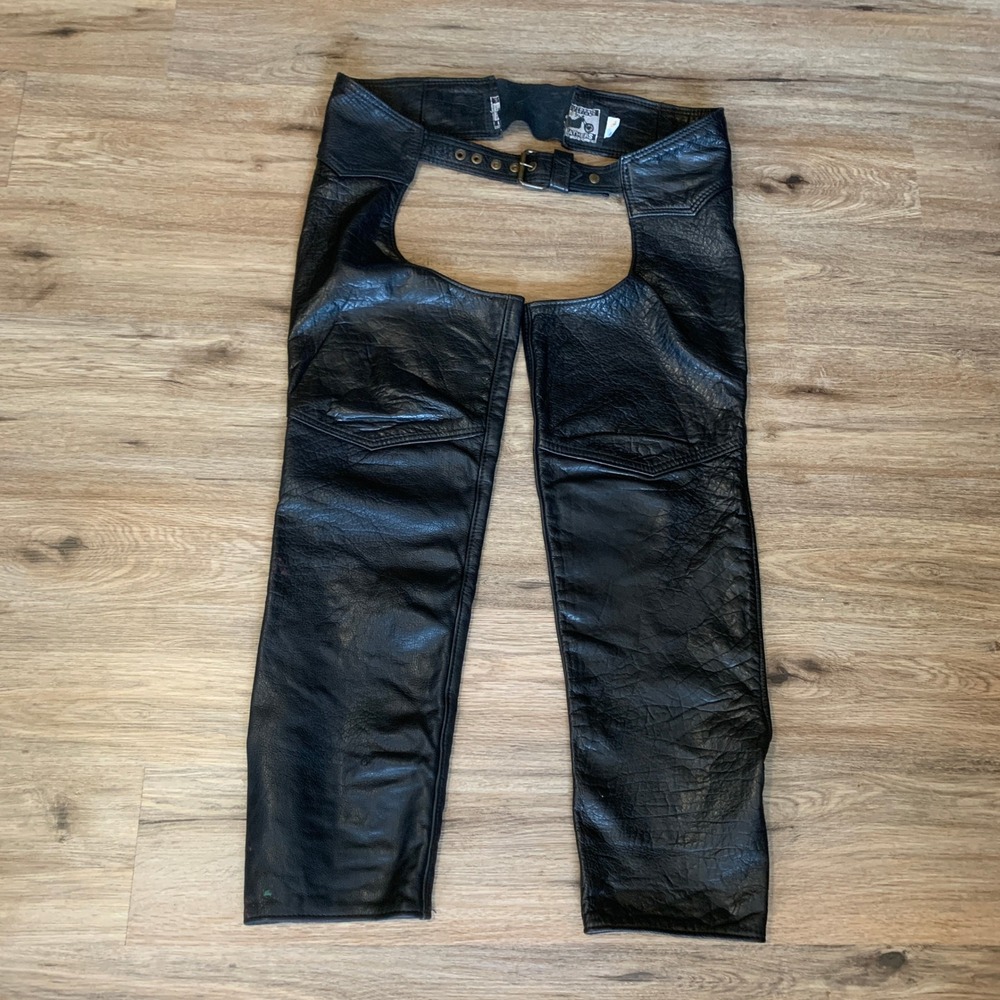Vintage 80s California Creations Water Buffalo Leather Motorcycle Chaps USA - L